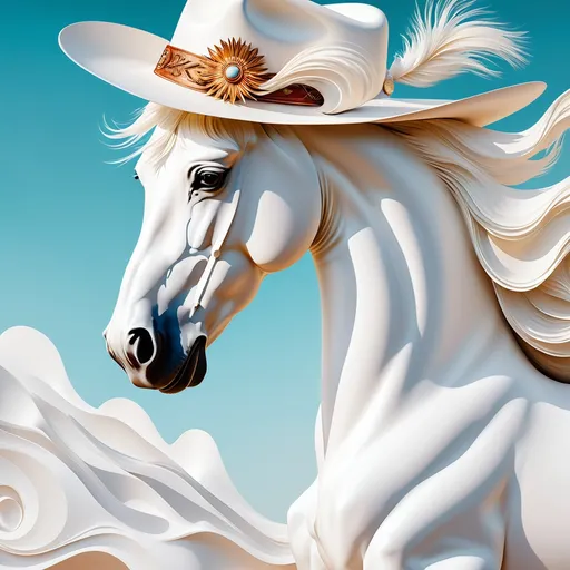Prompt: Abstract art with a beautiful white horse with a cowboy hat. 

Surreal, high quality, highres.