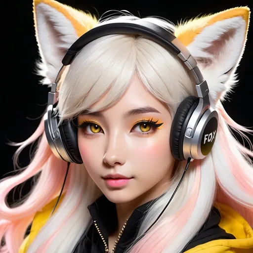 Prompt: anthropomorphic, anthro-kitsune fox, pastel pink and yellow fur, judgmental expression, long flowing white hair, silver grey eyes, star-shaped pupils, rave attire, headphones.

black background.

best quality, masterpiece.