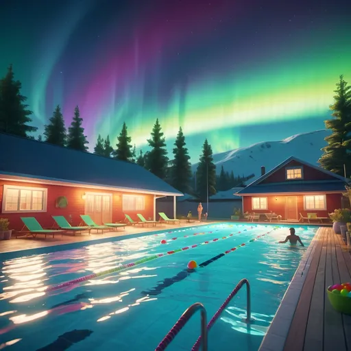 Prompt: A dynamic depiction of a competitive swimming event in a backyard swimming pool, with female swimmers racing under the colorful glow of the northern lights. Add some playful elements like keylime pie slices and skittles floating on the water.

 8K --s99500, unreal engine, crystal clear. 