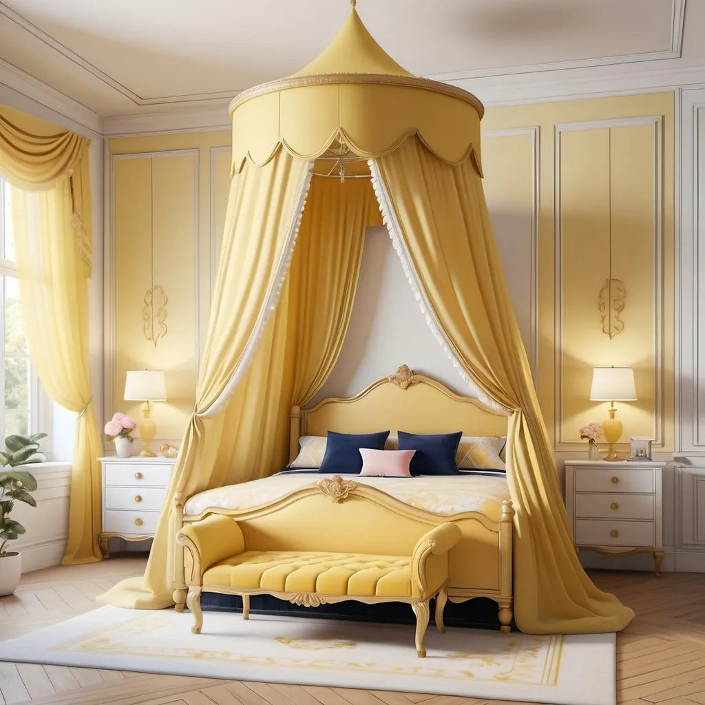 Prompt: A females bedroom with a gold canopy bed with palace style bed netting canopy in pastel yellow.

The walls are white.

The canopy bed was an antique rose quilt on it with yellow and navy blue pillows.

white carpet, fluffy yellow rug. 

The bedroom has a white and cream Pekingese dog. 

High quality, unreal engine. 