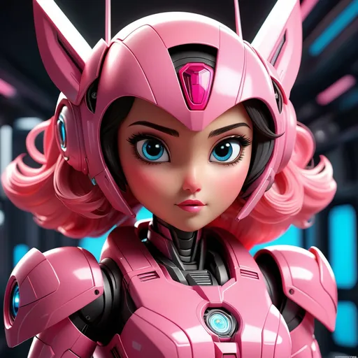 Prompt: Super cute  Arcee the female pink robot Transformer, within the interior of a spaceship, 3d character, amazing colors, skottie young, 3d blender render, pop surrealism, physically based rendering, square image, hyperdetailed, adorable