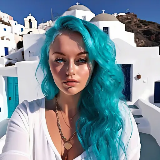 Prompt: Portrait of a gorgeous woman with tiffany blue hair, soft pale cheeks,{Santorini, Greece background}

8K, highquality.