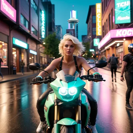 Prompt:  A platinum blonde woman going on a high-speed sports motorcycle ride through the streets of Seattle at night, passing landmarks and heading towards a rave. The rider wears a Jelly Bracelet and a mint chocolate chip ice cream-colored helmet.

 8K --s99500, unreal engine, crystal clear. 