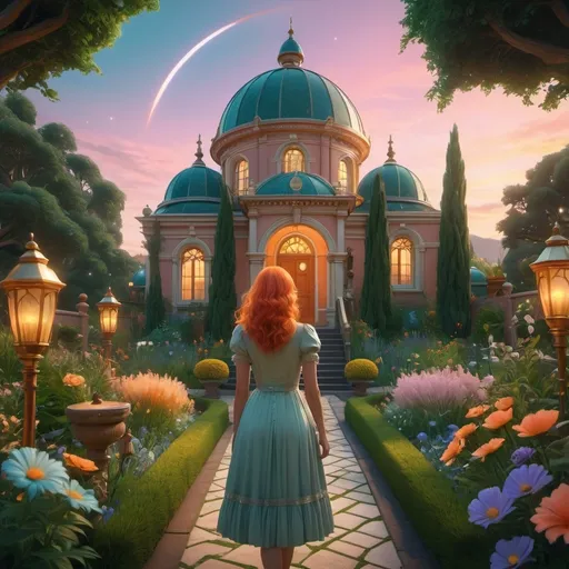 Prompt: A lush Victorian garden at dusk, where a woman with pastel orange hair is exploring with childlike wonder. She discovers a glittering path leading to a magical, hidden astronomy observatory. 

The scene is filled with elements of whimsy and enchantment.

4k, hyper detailed, expressive, beautiful, golden ratio, symmetric, precise, perfect proportions, complementary colors, UHD, HDR, top quality artwork, beautiful detailed background, unreal 5, artstation, deviantart, instagram, professional, 16k