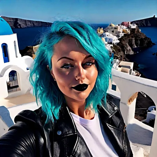 Prompt: <mymodel>Portrait of a gorgeous  goth woman with tiffany blue hair standing in Santorini, Greece.

Black leather jacket.

Smiling. 

Black lipstick, black eyeliner

8K, highquality.