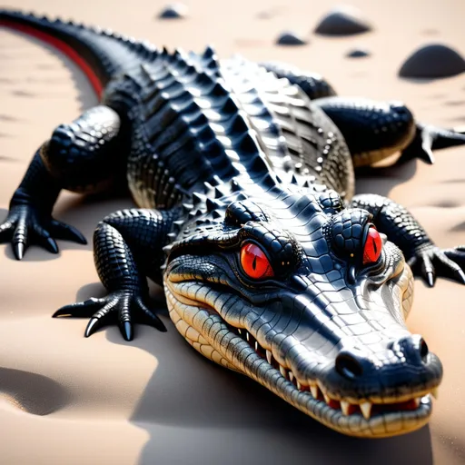 Prompt: Highly realistic of a black crocodile with red eyes,cute,,pretty eyes,Adorable,masterpiece,epic,soft lighting,fancy,highly detailed,creamy mood, black sand, calm,ultra-fine detailed,aesthetic,ilustration,artstation