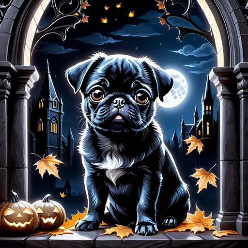 Prompt: Imagine a charming scene featuring a black pug with wide, innocent eyes and a mischievous grin, adorned with a set of adorable vampire fangs. Set against a backdrop of moonlit shadows and Gothic architecture, the kitten exudes an irresistible combination of cuteness and darkness. Its fur is velvety black, with hints of midnight blue, and its fangs gleam softly in the moonlight, adding a touch of playful spookiness. Perhaps the kitten is perched on an ornate tombstone or curled up in a gothic window sill, surrounded by flickering candlelight and the faint rustle of autumn leaves. Capture the whimsical yet eerie atmosphere of this scene, inviting viewers to marvel at the juxtaposition of innocence and darkness in this irresistibly cute Gothic pug puppy.
High quality, highres, glowing, bright lighting.

