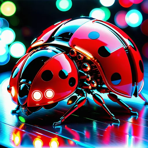 Prompt: Ladybug mech, metallic and sleek design, futuristic sci-fi style, intense red and black color scheme, sparkling neon lights, miniature scale, highres, ultra-detailed, sci-fi, futuristic, metallic sheen, intense color scheme, miniature scale, neon lights, detailed design, professional, atmospheric lighting