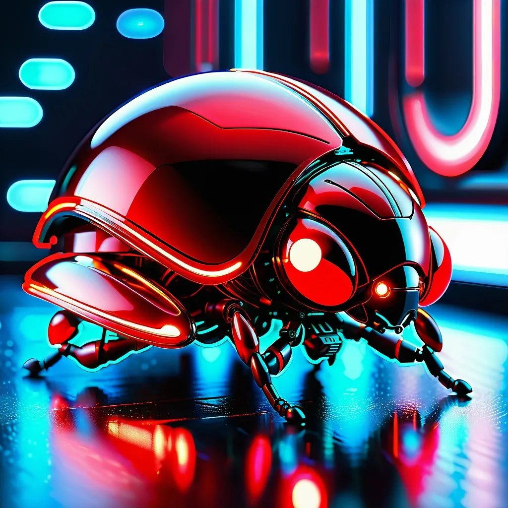 Prompt: Ladybug mech, metallic and sleek design, futuristic sci-fi style, intense red and black color scheme, sparkling neon lights, miniature scale, highres, ultra-detailed, sci-fi, futuristic, metallic sheen, intense color scheme, miniature scale, neon lights, detailed design, professional, atmospheric lighting