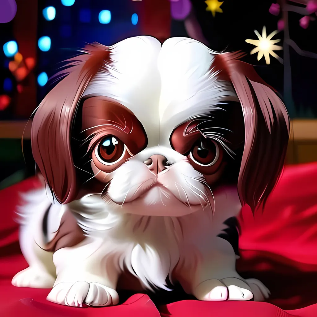 Prompt: Red and white Japanese Chin puppy in cute fantasy style (Beautiful {Furry!!!}  big dark brown reflective eyes, long flowing hair), expansive stars background, hyper realistic, 64K --s99500