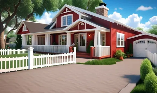 Prompt: A high quality camera photo of a house in style of: red ranch style home, magical and unique design, white picket fence, hyper realistic, 4k, life-like, natural background, white clouds, photorealism