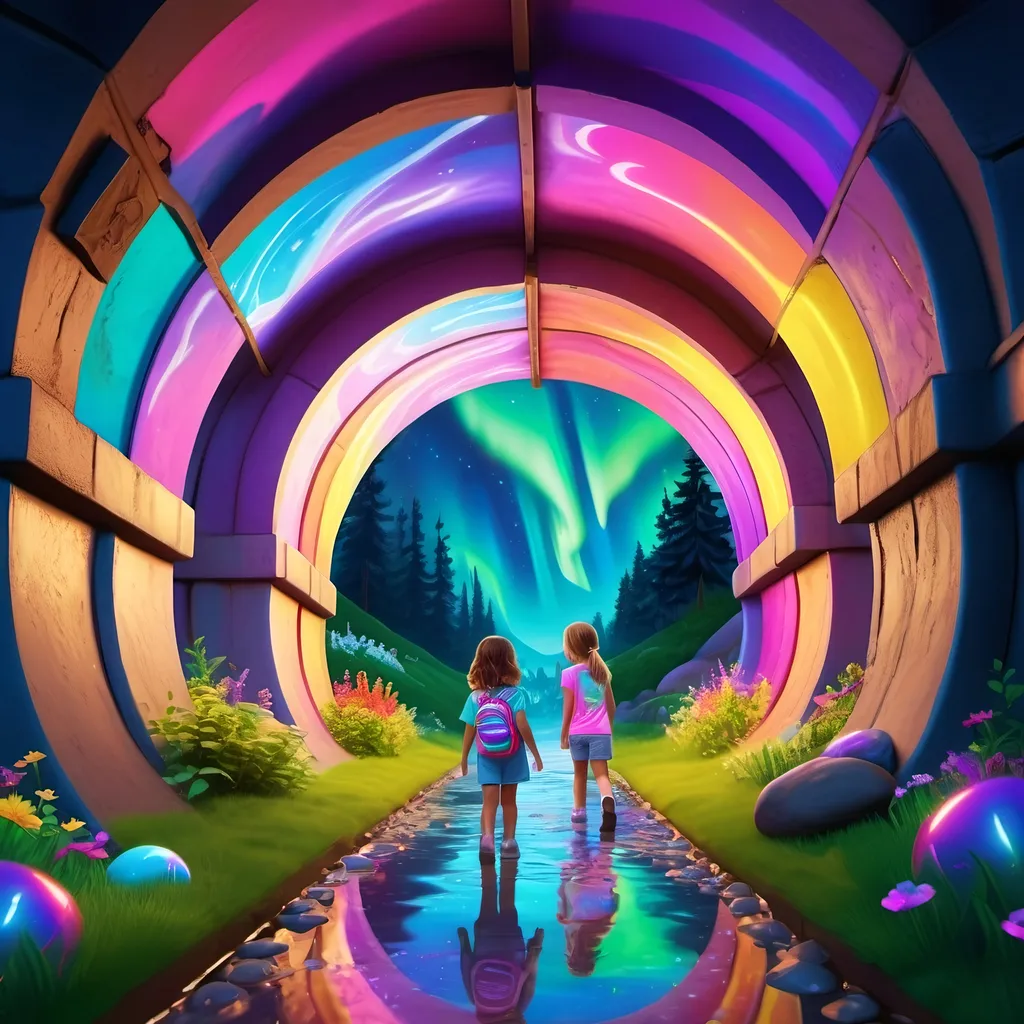 Prompt: A scene of kids discovering a secret drain tunnel in a park. The tunnel's interior is decorated with Lisa Frank-style murals and lit by the shimmering glow of the northern lights visible through a grate above.

 8K --s99500, unreal engine, crystal clear. 