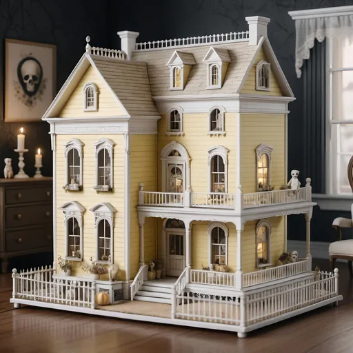 Prompt: A spooky cute dollhouse inspired by the Alias Grace Netflix series. The dollhouse should have a vintage aesthetic with pastel yellow accents and be filled with eerie yet adorable details like tiny skull decorations, vintage teddy bears, and plushie dolls resembling characters from the series

hyper realistic, 8K --s99500, unreal engine, crystal clear. 
