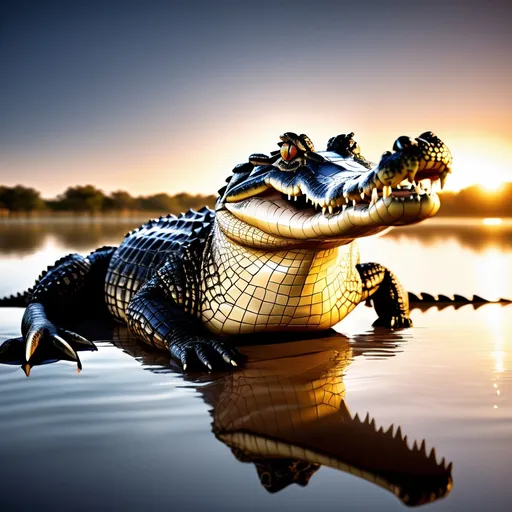 Prompt: An awe-inspiring, ultra-detailed 3D illustration of a saltwater crocodile captured in the golden hour, its magnificent eyes radiating a captivating beauty. Utilize a DSLR camera to meticulously capture every intricate detail, producing a dynamic portrait that exudes an epic aesthetic. Employ HDR and long shot techniques to enhance realism and depth, resulting in a masterpiece of unparalleled quality and resolution, worthy of admiration as a true work of art.