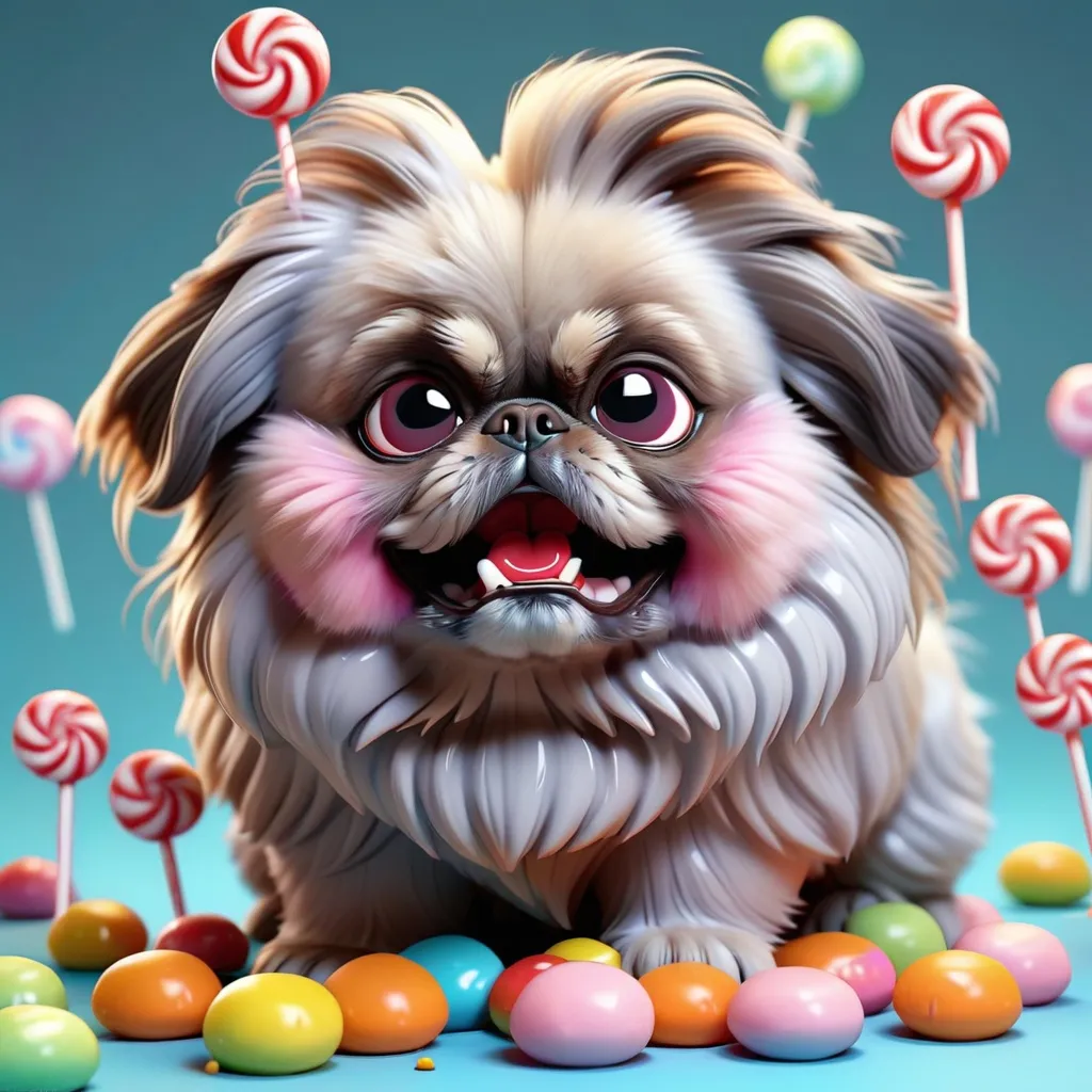 Prompt: Super cute baby grey Pekingese, fluffy fur, whimsical candy setting, 3d character, amazing colors, skottie young, 3d blender render, pop surrealism, physically based rendering, square image, hyperdetailed, adorable