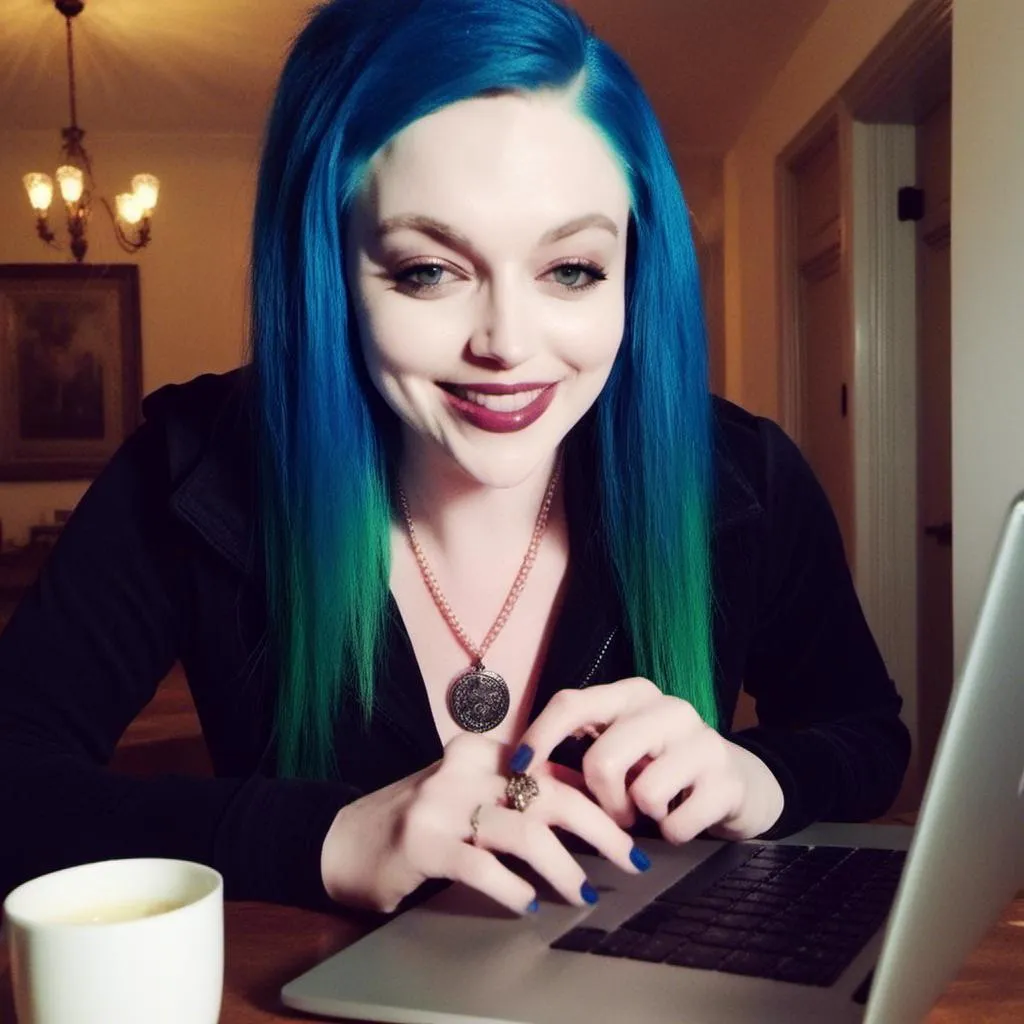 Prompt: <mymodel> A gorgeous woman laughing hysterically on her laptop,

High quality, bright lighting, perfect anatomy, thin face