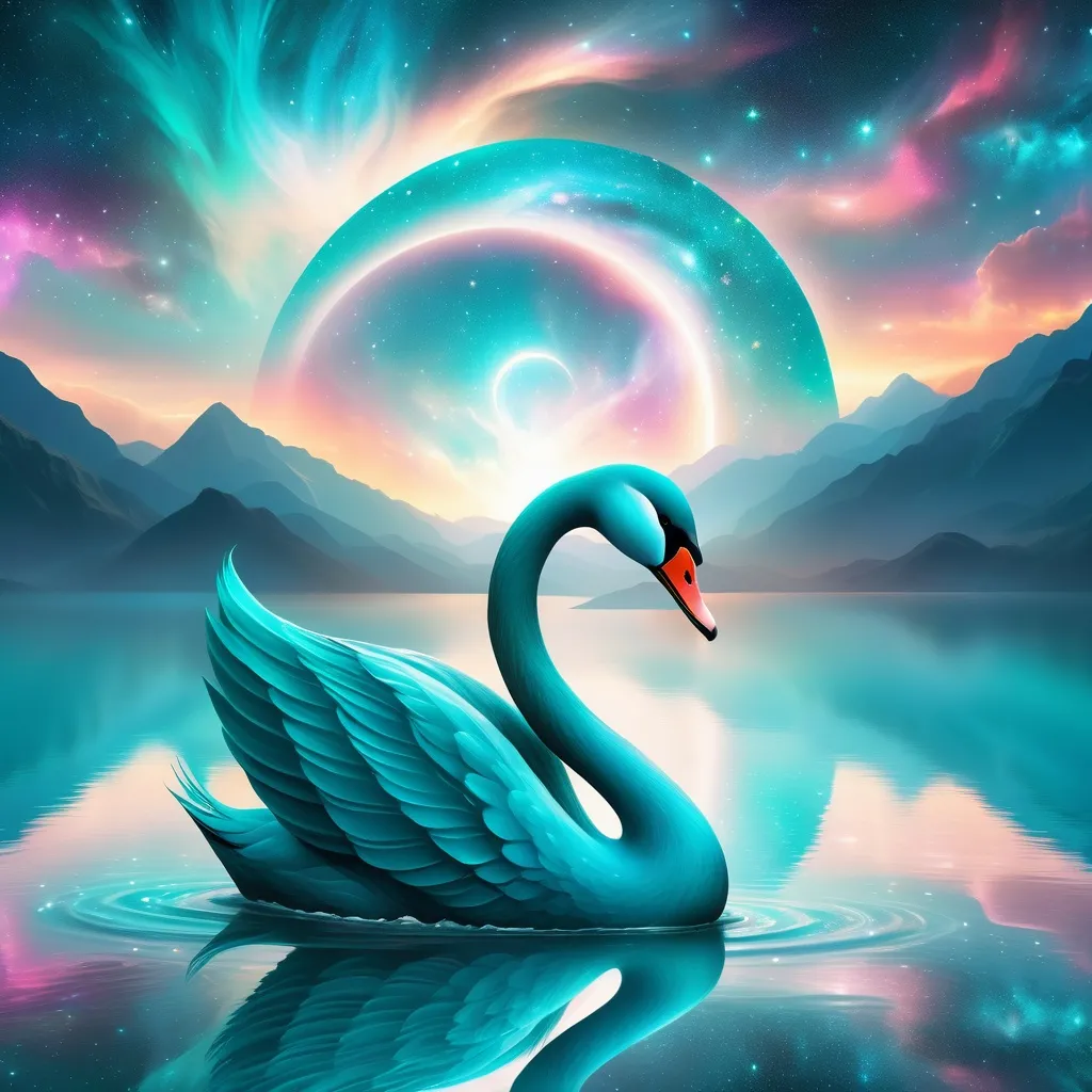 Prompt:  A beautiful, elegant teal swan symbolizing spirituality and seeing into the future.
With a backdrop of ethereal skies or cosmic vistas.

High quality, highres, glowing, bright lighting.

