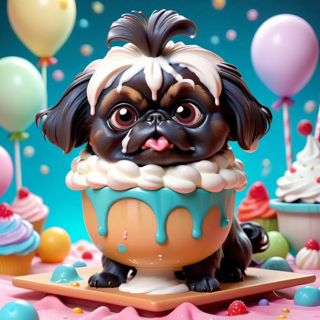 Prompt: Super cute baby black Pekingese,  whipped cream, whimsical fantasy setting, 3d character, amazing colors, skottie young, 3d blender render, pop surrealism, physically based rendering, square image, hyperdetailed, adorable