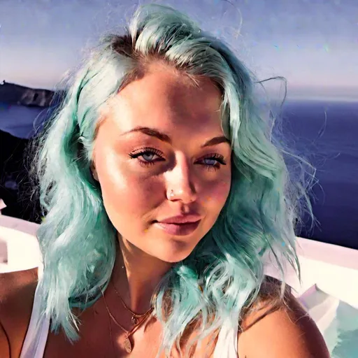 Prompt: <mymodel>Portrait of a gorgeous woman with tiffany blue hair, soft pale cheeks,{Santorini, Greece background}

8K, highquality.