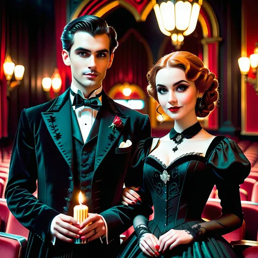 Prompt: Gothic couple's first date at the movie theater, atmospheric gothic style, vintage film grain, dramatic lighting, detailed facial features, dark, romantic, elegant attire, old-fashioned movie theater interior, romantic candlelit ambiance, high quality, vintage, dramatic lighting, gothic, detailed faces, romantic, elegant attire