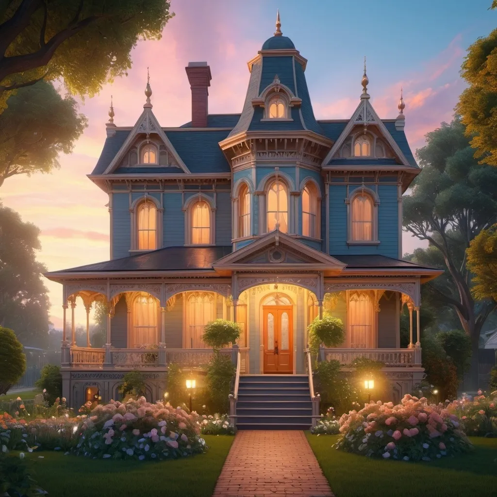 Prompt: A beautifully detailed Victorian home surrounded by a lush garden. Standing on the porch is a woman with long, flowing pastel orange hair, styled in an elegant Victorian manner. 

The scene is bathed in soft twilight, giving it a magical, nostalgic feel.


64k, hyper detailed, expressive, beautiful, golden ratio, symmetric, precise, perfect proportions, complementary colors, UHD, HDR, top quality artwork, beautiful detailed background, unreal 5, artstation, deviantart, instagram, professional, 16k