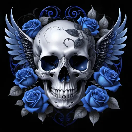 Prompt: Digital artwork featuring a gothic human skull with ethereal wings and entwined with vibrant midnight blue roses. 

The background should be a dark, almost black gradient to emphasize the contrast and details of the skull, wings, and roses. Incorporate swirling, delicate vines to add a sense of movement and mystique to the composition.

Trending on Artstation, crystal clear, 8K UHD.