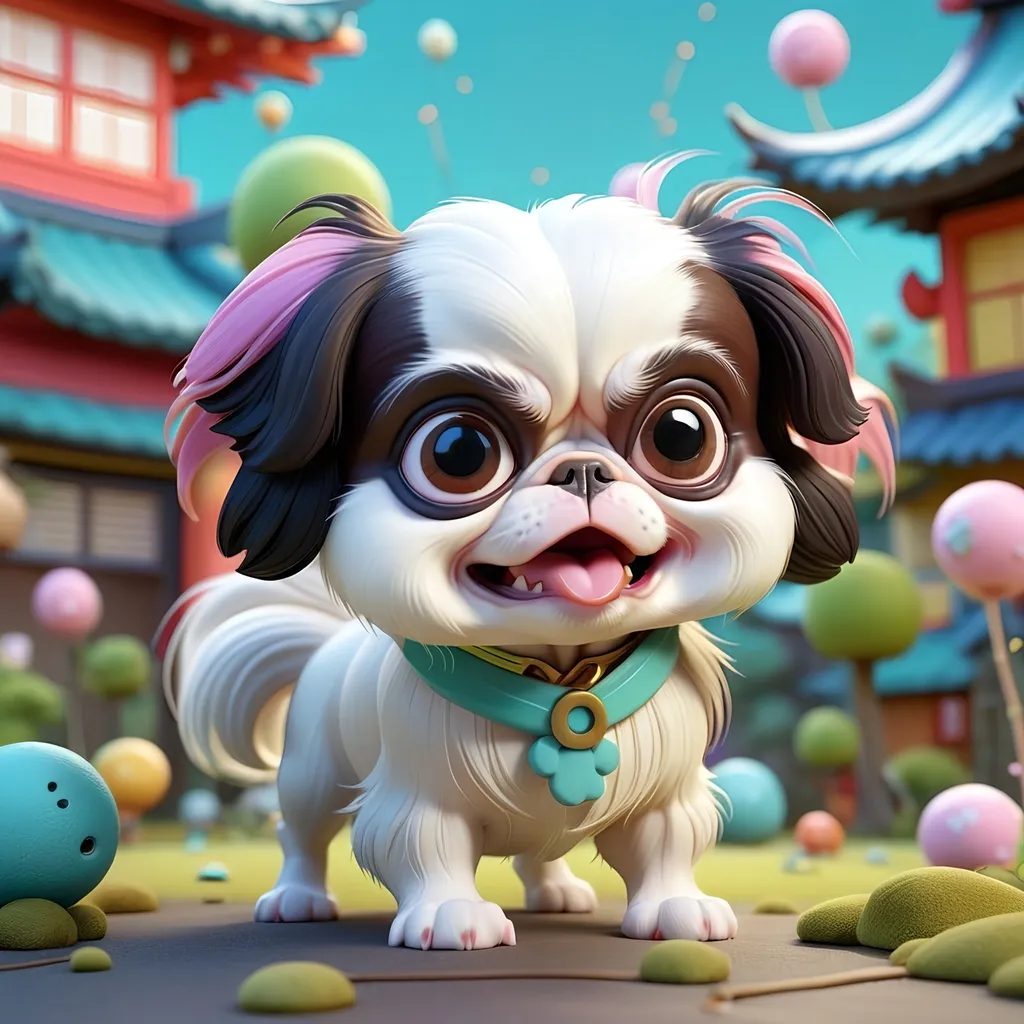 Prompt: Super cute baby Japanese Chin, whimsical fantasy setting, 3d character, amazing colors, skottie young, 3d blender render, pop surrealism, physically based rendering, square image, hyperdetailed, adorable