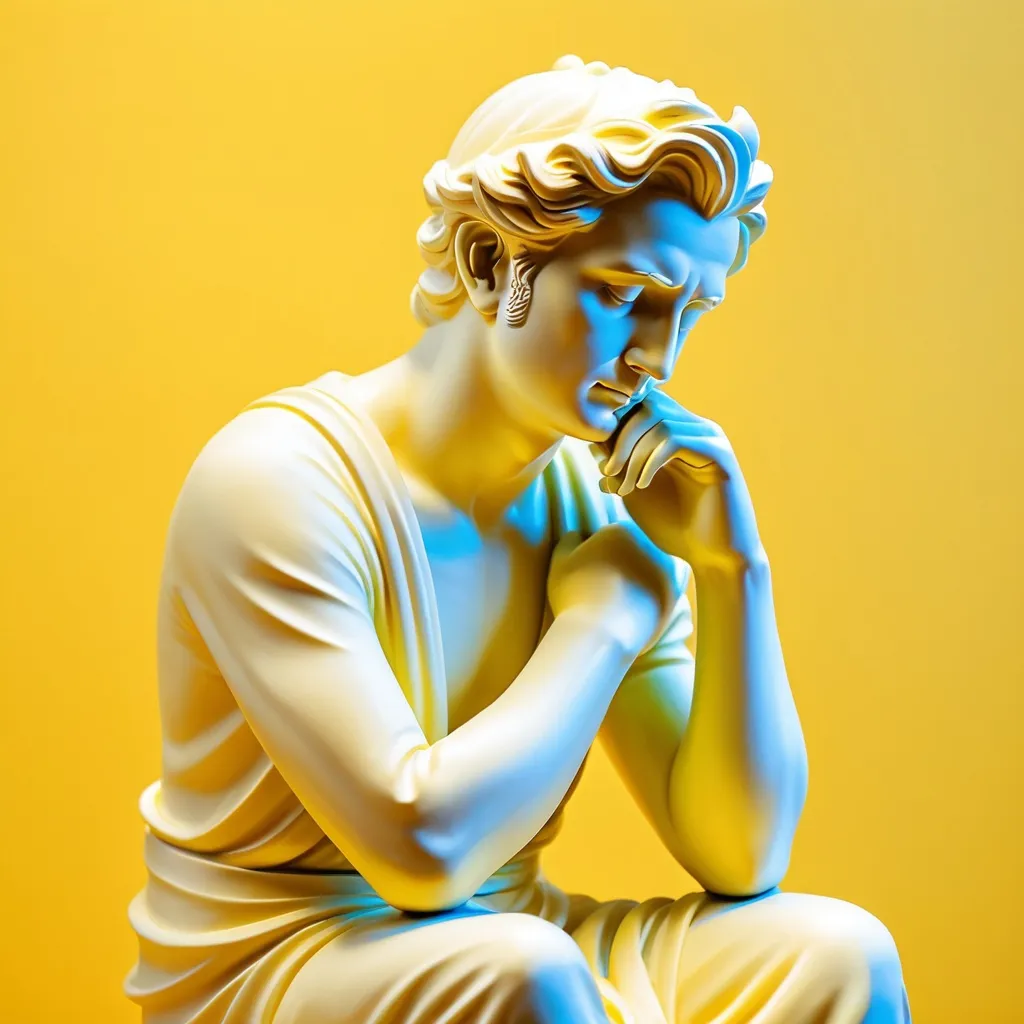 Prompt: <mymodel>  A very intellectual image of a philosophical thinker statue pondering.

Philosophy. Pastel yellow.

High quality, ultra quality, bright lighting
