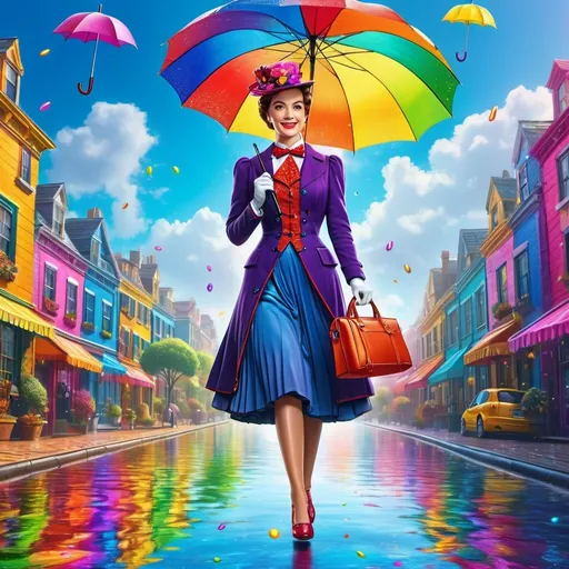 Prompt: Mary Poppins floating with her umbrella in a Lisa Frank-inspired world full of glitter and vibrant colors.

 64k, hyper detailed, expressive, beautiful, golden ratio, symmetric, precise, perfect proportions, complementary colors, UHD, HDR, top quality artwork, beautiful detailed background, unreal 5, artstation, deviantart, instagram, professional, 16k