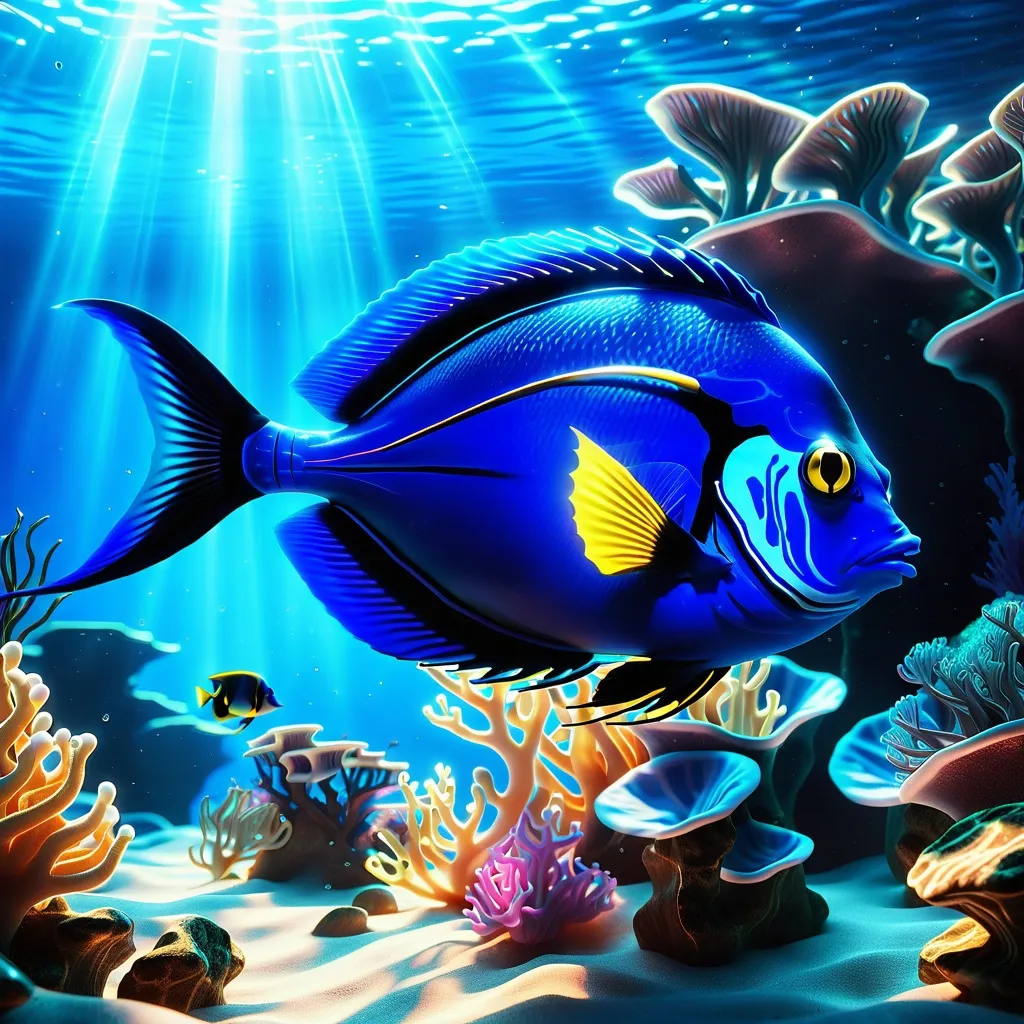 Prompt: Glowing Blue Tang fish with a stunning ocean background.  Bright lighting. 3D render. Neon colors, highres