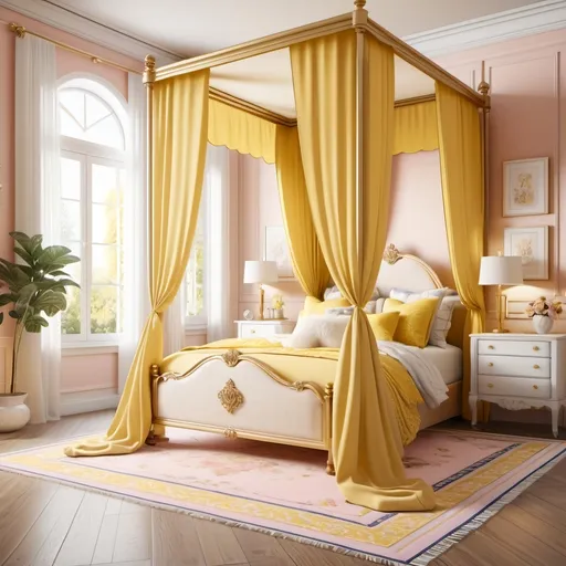 Prompt: A females bedroom with a gold canopy bed with palace style bed netting canopy in pastel yellow.

The walls are white.

The canopy bed was an antique rose quilt on it with yellow and navy blue pillows.

white carpet, fluffy yellow rug. 

The bedroom has a white and cream Pekingese dog. 

High quality, unreal engine. 