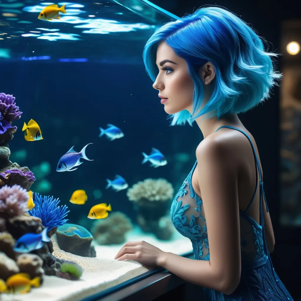 Prompt: Highly realistic of a beautiful woman with azure blue hair looking at a saltwater aquarium. 

Super detailed, 64k, UHD, high quality, sharp focus, studio photo, intricate details, highly detailed, cinematic light, full body shot