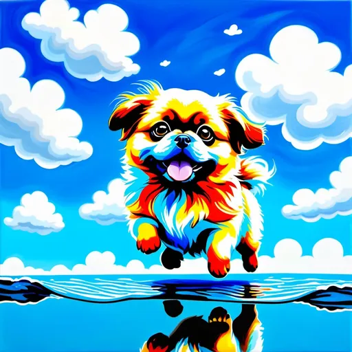 Prompt: A Pekingese puppy jumping over the water, fluffy clouds, vibrant blue sky, realistic painting, high quality, detailed fur, cute and playful, realistic style, bright and sunny, cheerful atmosphere, sunny day, fluffy clouds, high detail, realistic painting, vibrant blue sky, playful dog, white fur, realistic fur texture, high quality, cheerful atmosphere