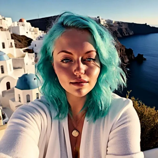 Prompt: <mymodel>Portrait of a gorgeous woman with tiffany blue hair, soft pale cheeks,{Santorini, Greece background}

8K, highquality.