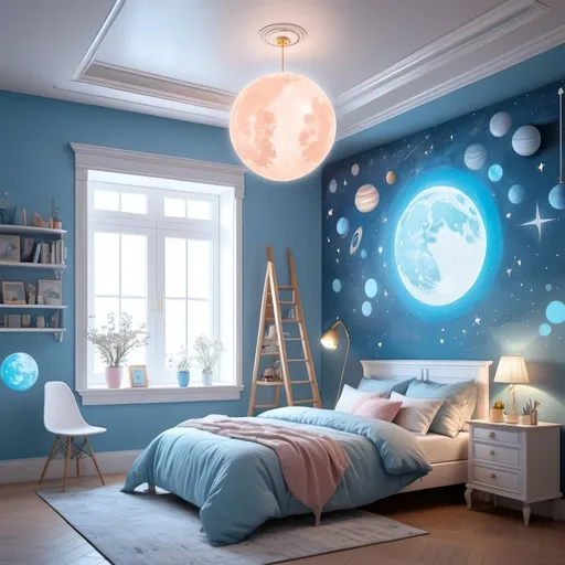 Prompt: A woman painting her bedroom walls pastel blue.

 The room is filled with astronomy decor and creative writing, creating a whimsical and nostalgic atmosphere.

8K --s99500, artstation, crystal clear. 
