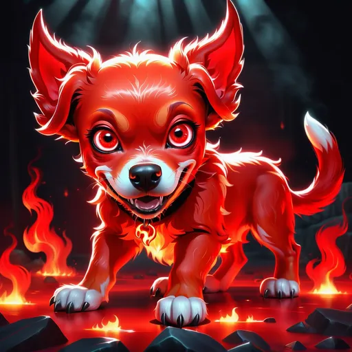Prompt: A red dog of hell. cute style. Bright lighting.  Hell hound. Hell setting. Black eyes, highres