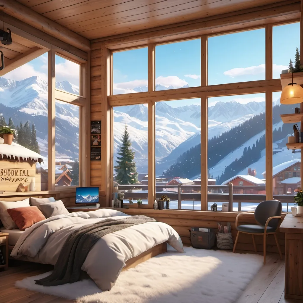 Prompt: A cozy teenage girls bedroom with snowboards leaning against the wall and windows overlooking snowy mountains and coffee shops.

8K --s99500, artstation, crystal clear, masterpiece, stunning quality, 64K, HDR, UHD