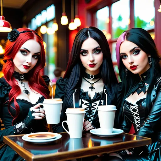 Prompt:  gang of beautiful gothic women having an awkward first date at a coffee shop