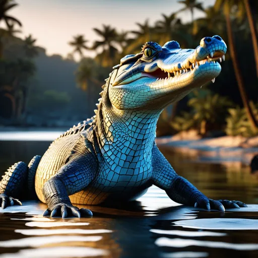 Prompt: An awe-inspiring, ultra-detailed 3D illustration of a azure blue saltwater crocodile captured in the golden hour, its magnificent eyes radiating a captivating beauty. Utilize a DSLR camera to meticulously capture every intricate detail, producing a dynamic portrait that exudes an epic aesthetic. Employ HDR and long shot techniques to enhance realism and depth, resulting in a masterpiece of unparalleled quality and resolution, worthy of admiration as a true work of art.