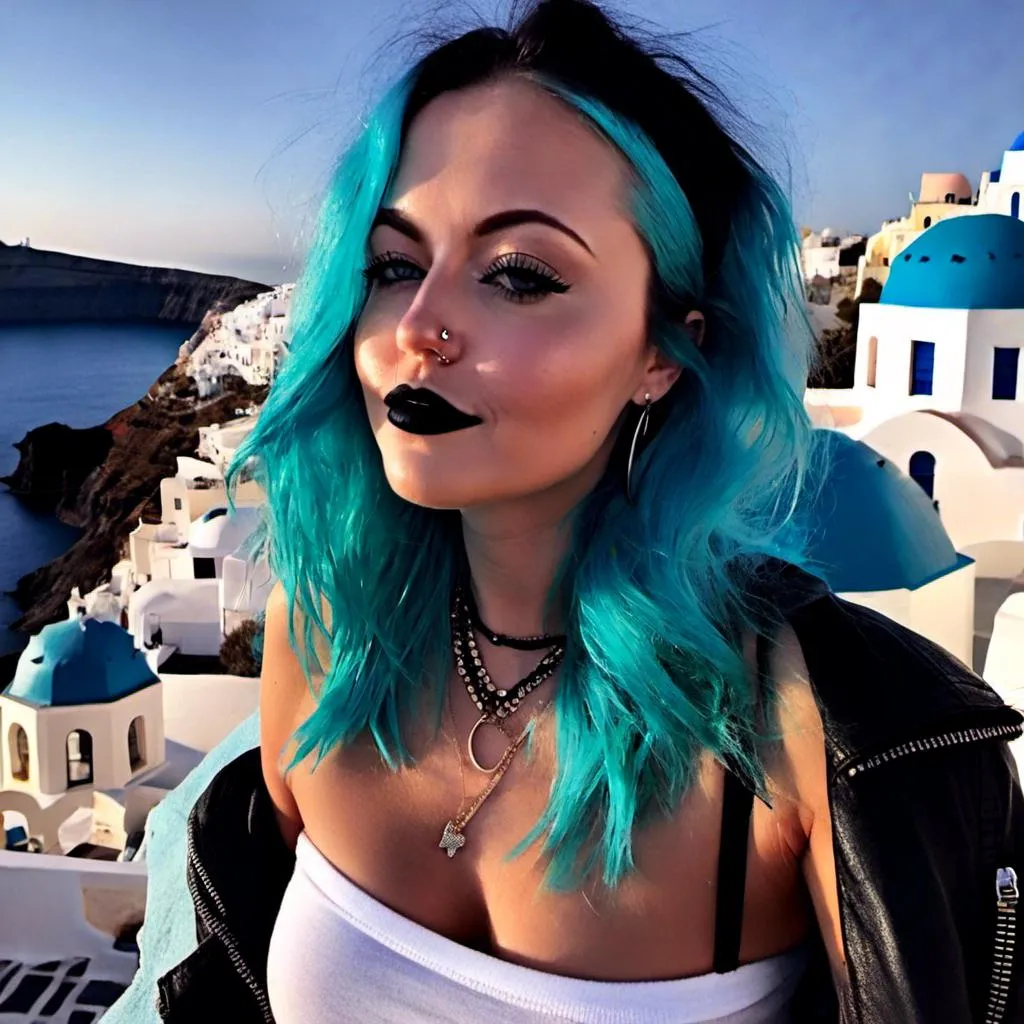 Prompt: <mymodel>Portrait of a gorgeous  goth woman with tiffany blue hair standing in Santorini, Greece.

Black leather jacket.

Smiling. 

Black lipstick, black eyeliner

8K, highquality.