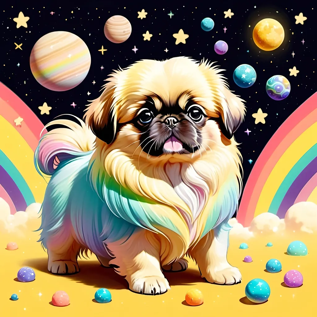 Prompt: Fantasy Pekingese puppies with rainbow fur playing among the stars and planets in a pastel yellow universe in Aries Moross art style.


High quality, Artstation. 