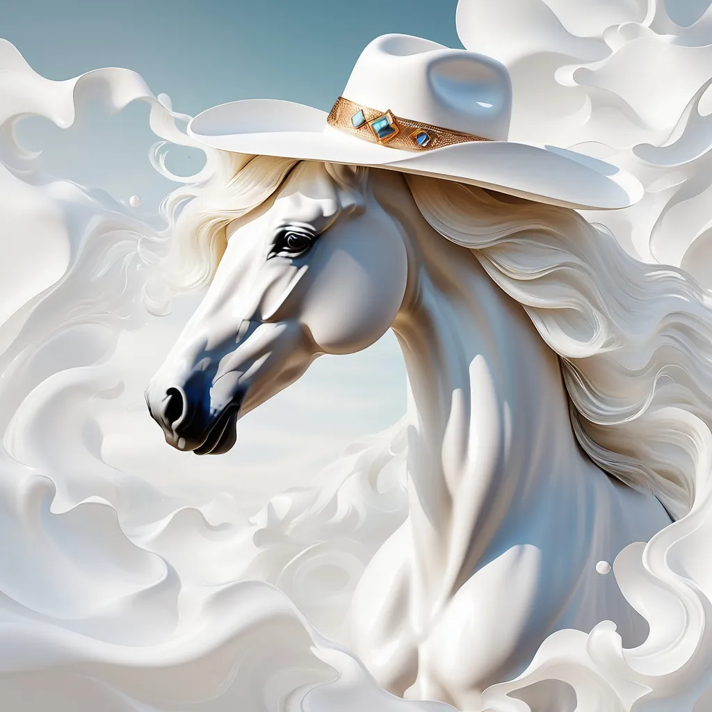 Prompt: Abstract art with a beautiful white horse with a cowboy hat. 

Surreal, high quality, highres.