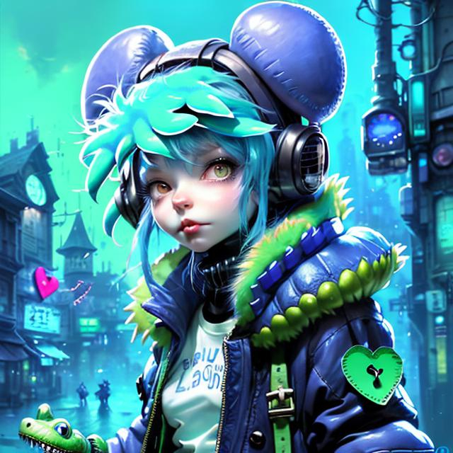 Prompt: character concept art of a cute young female anthropomorphic, blue and green, black leather shirt, heart shaped cyber goth goggles, fluffy crocodile furry | | cute - fine - face, pretty face, key visual, realistic shaded perfect face, fine details by stanley artgerm lau, wlop, rossdraws, james jean, andrei riabovitchev, marc simonetti, and sakimichan, trending on artstation