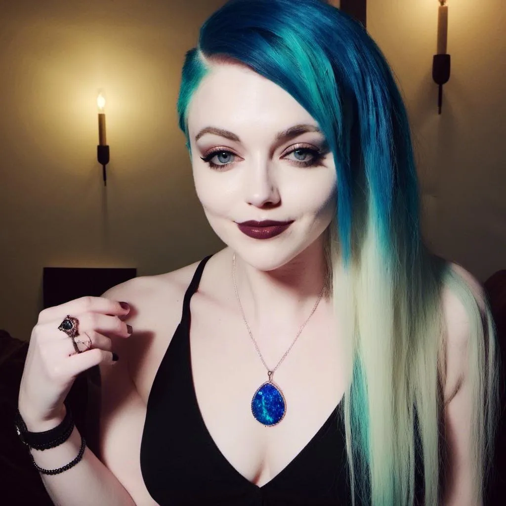 Prompt: <mymodel> A Gorgeous woman with blue hair and a side shave. 
Opal necklace.
High quality, ultra quality, bright lighting
