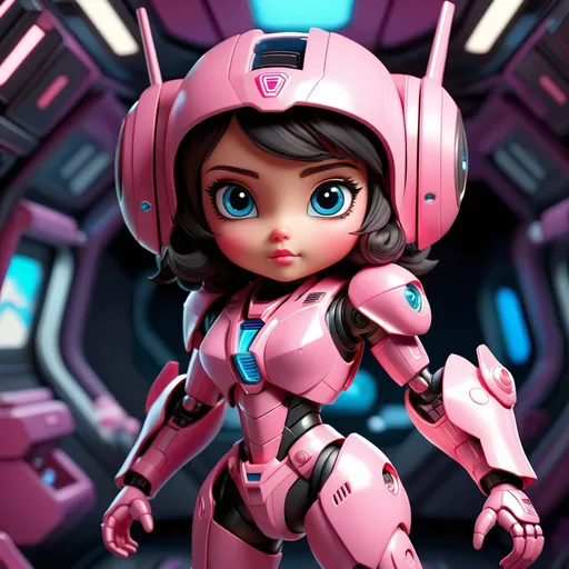 Prompt: Super cute Arcee the pink robot Transformer, within the interior of a spaceship, 3d character, amazing colors, skottie young, 3d blender render, pop surrealism, physically based rendering, square image, hyperdetailed, adorable
