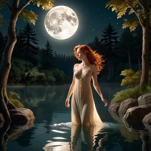 Prompt: Create a vintage scene set in the late 19th century, featuring a beautiful ginger-haired woman swimming at night under the moonlight. She is immersed in a tranquil lake surrounded by lush trees, their silhouettes softly illuminated by the ethereal glow of the full moon.

 The woman, with her cascading auburn hair, is dressed in a delicate, period-appropriate nightgown that flows gracefully around her as she glides through the water. 

The setting exudes a sense of serene mystery, with the water reflecting the moonlight and casting a shimmering path leading to her. The overall atmosphere should evoke a sense of romantic nostalgia, capturing the beauty and tranquility of this nocturnal swim.

hyper realistic, 8K --s99500, unreal engine, crystal clear. 
