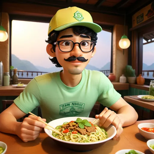 Prompt: Tan attractive male with wavy long black hair, mustache, square glasses, mint green baseball cap, enjoying Thai noodles, Thailand setting, 8k, realistic, detailed hair and facial features, vibrant colors, natural lighting