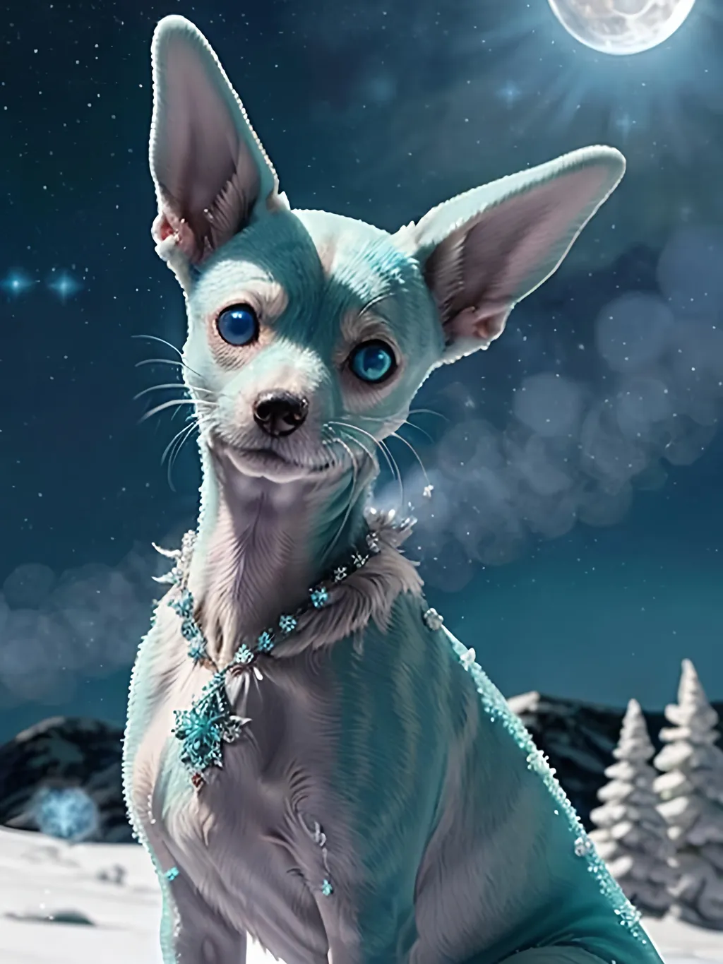 Prompt: An ice elemental Italian Greyhound, its teal fur frost-covered, exuding timidity. Its silver eyes, detailed to 8K quality, hold sharp focus. A silver frost-adorned neck ruff frames its plump form. Set against a moonlit, starry sky, it frolics in a frosted meadow. Using Unreal Engine for depth and volumetric lighting, the scene features a brilliant aurora-lit backdrop. Detailed facial features, especially the eyes, mesmerize with high-quality execution.

In cute fantasy style