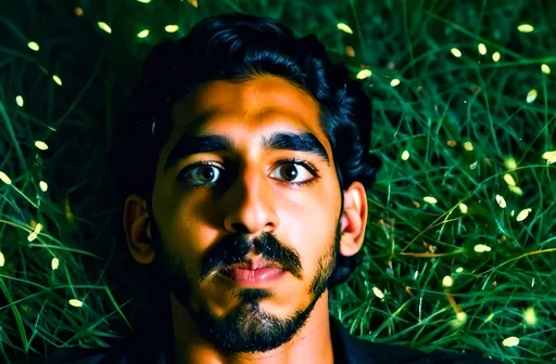 Prompt: Dev Patel lying on a grassy hill, stargazing,  surrounded by glowing fireflies.

outside, looking at the camera, dslr, ultra quality, sharp focus, tack sharp, dof, film grain, Fujifilm XT3, crystal clear, 8K UHD, highly detailed glossy eyes, high detailed skin, skin pores, realistic