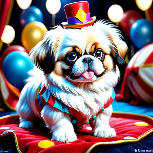 Prompt: A hyperdetailed circus clown themed Pekingese puppy.

Utilize a DSLR camera to meticulously capture every intricate detail, producing a dynamic portrait that exudes an epic aesthetic. Employ HDR and long shot techniques to enhance realism and depth, resulting in a masterpiece of unparalleled quality and resolution, worthy of admiration.

8k, ultrares.
